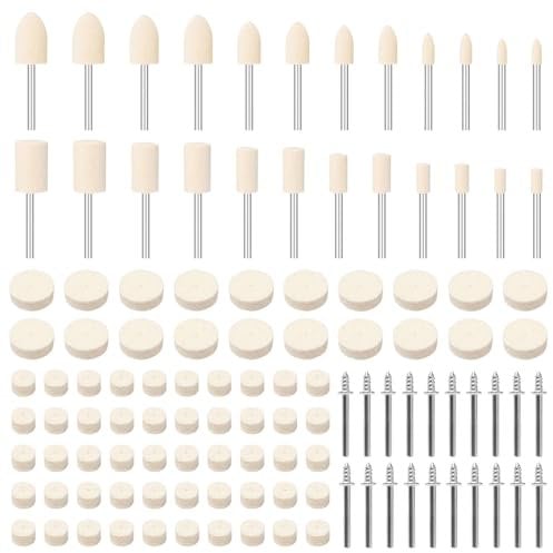 Sxutop 114 Pieces Wool Felt Polishing Wheel Kit Felt Polishing Pads Buffing Grinding Wheel Rotary Tool felt Polishing Buffing Wheels Accessories with 1/8 Shank for Polishing Kit,Glass,Metal,Jewelry