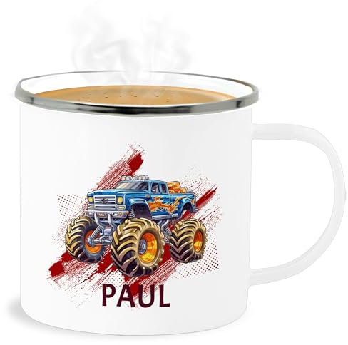 Emaille Becher Blechbecher - Auto - Monstertruck mit Name | Monster Truck Personalisiert | Riesentruck - 300 ml - Weiß Silber - cars automotiv tasse autos motiv und personalisieren sportwagen und.