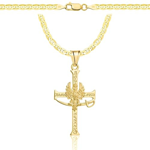 AMAR OPRAVA Gold Damen/Herren Kette mit einem 925/585 Kreuz, original polnischer patriotischer adler, Breite 3,8 mm, Goldkette- Halskette, kreuz kette gold 585, 55 cm