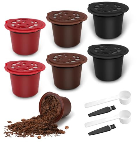 Lot de 6 dosettes de café réutilisables pour Nespresso OriginalLine – Capsules de café rechargeables compatibles avec N Espresso OriginalLine (2 noires + 2 rouges + 2 marrons)