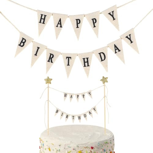 Aeaocvo Vintage Wimpelkette Cake Topper, Stern Happy Birthday Girlande, Tortendeko Kindergeburtstag, Happy Birthday Cake Banner Mit Holzstange