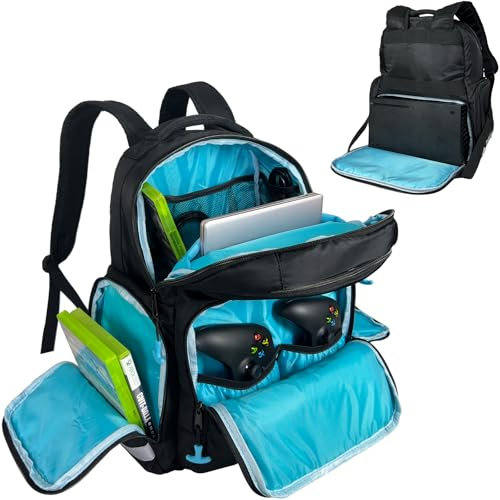 LZHYWEI Game Console Backpack Compatible with Xbox Series X, Console Carrying Case with 2 Inner Spaces, Multiple Pockets Travel Bag for Xbox Controllers, 15.6 Laptop and Other Gaming Accessories,