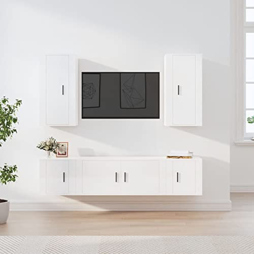 IKAYAA 5-TLG Wohnwand Wohnzimmer Hängend Wohnwand Modern Wohnzimmer Schrankwand Wohnzimmer Möbel TV Board Hängend TV Lowboard Hängend Hochglanz-Weiß Type-22