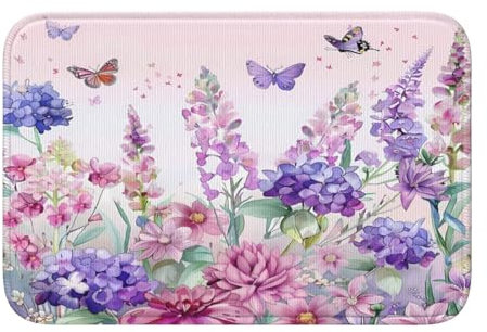 Mexpekil Watercolor Purple Pink Flower Butterfly Absorbent Doormats 40x60 cm, Non Slip Indoor Outdoor Door Mats, Floor Mats for Home Kitchen