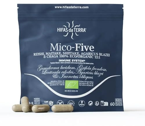 HIFAS DA TERRA Mico-Five Extracto Puro de Hongos, Refill 60 Cápsulas | Extracto Puro de Reishi, Maitake, Shiitake, Champiñón del sol y Chaga, Con Vitamina C, Refuerzo inmunitario natural