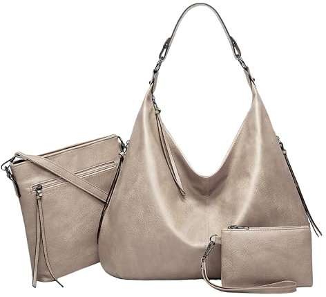 Mabecol Schultertasche, Handtasche, Umhängetasche, PU Tote Bag, Große Einkaufstasche, 3-teiliges Set mit abnehmbaren Taschen (Heller Kaki)