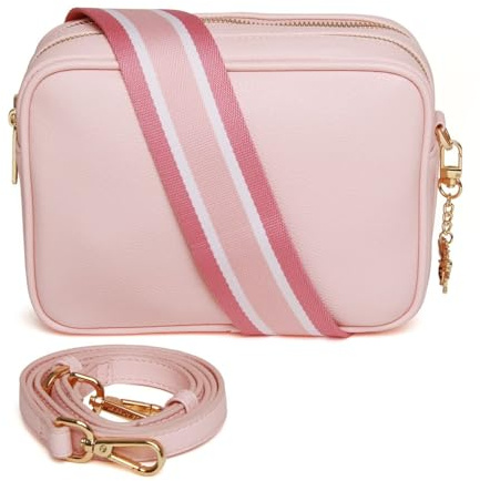 Alice Wheeler Soho Kamera Crossbody Bag - Doppelte Reißverschlussfächer, 2 verstellbare Riemen, Gold Bee Charm - Stilvolle Kunstleder Handtasche für Alltag - 23 x 16 x 8,5 cm, pastellrosa, One Size