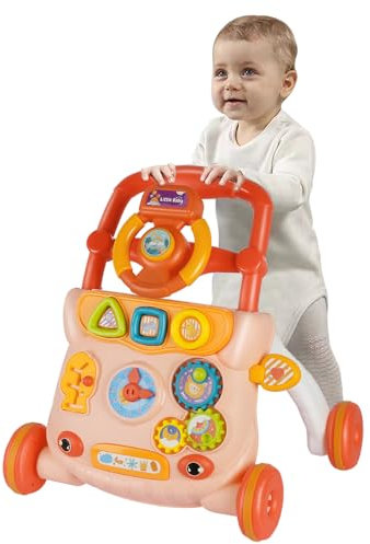 Girello per bambini 2in 1,Passeggino, girello, girello musicale, volante con musica, quattro ruote, l'assistente perfetto per i primi passi del bambino-rosa