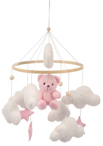 Babybett-Mobile für Jungen und Mädchen, Stubenwagen, weicher Plüsch und Holz, niedliches Babybettglocke, charmante Kinderzimmer-Dekoration für Säuglinge, Neugeborene (Rosa)
