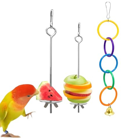 3 Stück Wellensittich Spielzeug, Vogelspieß Wellensittich Zubehör, Glöckchen Kletterring Papageienspielzeug, Vogelspielzeug für Obst, Gemüse und Futtersuche Spielzeug