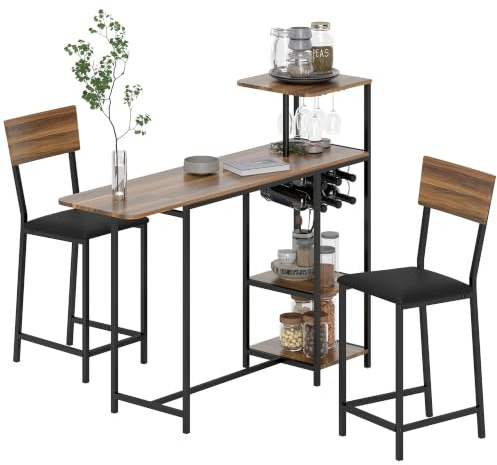 HOMCOM Set aus Tisch und Hockern, Stehtisch, Küche, Braun und Schwarz | 2 Hocker, klappbare Seitenteile, Weinständer und Regale, Industriestil