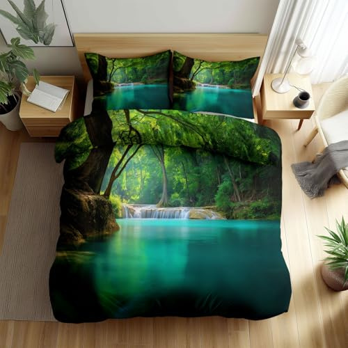Generisch Bettwäsche 200 x 200 cm Naturlandschaft Wald Pool Bettbezug Kissenbezug Mit Reißverschluss, Grün Deluxe Weich Microfaser 3 Teilig, Für Jugendliche Kinder Schlafzimmer Bettdeckenbezug