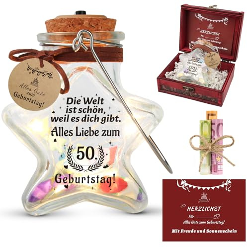 50th Birthday Women Men, LED Wish Filler, Bottle Light Decoration with Vintage Treasure Chest & Birthday Card, DIY Money Gifts, Birthday Gift for Lovers, Colleagues, Friends