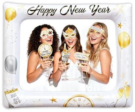HOWAF Silvester Deko 2027, Happy New Year Aufblasbarer Fotorahmen Fotobox Accessoires Frohes Neues Jahr Aufblasbarer Bilderrahmen Selfie Foto Requisiten für Happy New Year Deko 2027, Weiß Gold