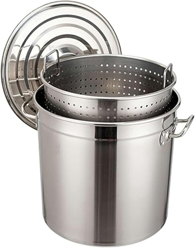 GLJTUO Generic Silver Stainless Steel Stock Pot With Strainer Basket - 30L/45L/63L Seafood Boil Pot - No Lid - Perfect For Crawfish, Crab, Shrimp Boil & Turkey Fry,Siliver-30L