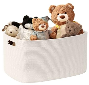 MYHOMMATTO 45L kleiner Wäschekorb geflochten mit Henkel, Weiß | Faltbarer Aufbewahrungskorb aus Baumwollseil für Spielzeug, Decken & Kleidung, Maße 45×35×27 cm für Wohnzimmer, Kinderzimmer