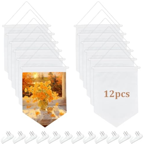 FINGERINSPIRE 12Sets Sublimation Blank Banner Custom Flags Includes 12Pcs 455x120mm Polyester Blank Flag with 355mm long Stick and 12Pcs Plastic Non-Trace Nail Hangers for Photo Frames & Wall Art
