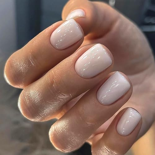 Viugex 24Pcs False Nails Short Square, Creamy White French Press on Nails, Elegant Gel Fake Nails in 12 Sizes, Natural Removable Acrylic Stick on Nail for Women and Girls Manicure Decorations