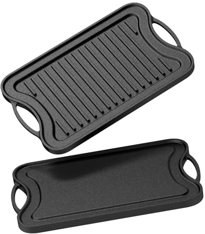 Cast Iron Griddle Pan with Pre-Seasoned Reversible Non-Stick BBQ Grill Pan | with Handles, 42x25cm Ridged & Flat Skillet Pan for Gas Stovetop Open Fire Oven