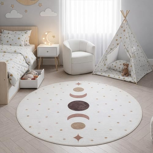 SIMPEX Kinderteppich Mondphasen rund 120 cm für Kinderzimmer in Creme mit Boho Design ideal für kleine Ruhebereiche