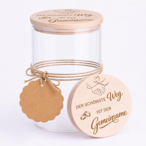 MOAZIFI Geschenk Hochzeit Paar, Romantisches Vorratsglas mit Holzdeckel 15cm, Hochzeitsgeschenk Gravur, Dekoglas mit Deckel als Geldgeschenk Hochzeit, Geschenke zur Verlobung, Hochzeit Geschenk