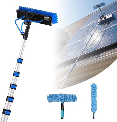 VEVOR Kit Nettoyage pour Panneaux Solaires 10 m Brosse Télescopique Nettoyage à Passage Eau Perche Alliage Alu pour Panneaux Solaires sur Toit, avec Tête de Brosse Rotative 180°, Distributeur de Savon