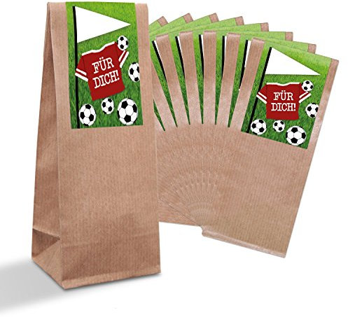 Logbuch-Verlag 10 braune Geschenktüten mit FUßBALL Aufkleber 7 x 20,5 x 4 cm - Gastgeschenk Mitgebsel Verpackung Kindergeburtstag WM EM