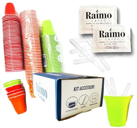 AURACAFFE'’ 450 Pz Bicchierini Caffe Plastica Riutilizzabile Espresso Tazzine 75ml + 450 Pz Palettine Riutilizzabili + 450 Pz Bustine di Zucchero Extra Fine di Alta Qualità - KIT ACCESSORI