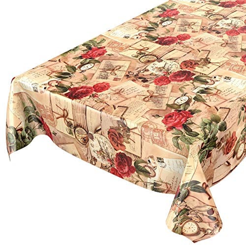 ANRO Tischdecke Wachstischdecke Wachstuch Wachstuchtischdecke Landhaus Rosen Briefe 220x140cm eingefasst abwaschbar wasserabweisend Gartentischdecke Meterware pflegeleicht Lotuseffekt