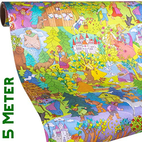 MÄRCHEN Geschenkpapier für Kinder - GRIMMS MÄRCHEN 5 Meter Rolle - 9x Geschenkanhänger Gratis - Für Geburtstag, Einschulung, Weihnachten, Ostern