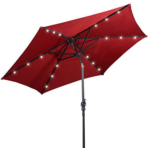 COSTWAY Parasol de Jardin Extérieur Ø 270 CM, Parasol Inclinable Lumineux Solaire avec 24 LED, Parasol Droit avec Manivelle et 8 Baleines Métalliques Robustes, pour Balcon Jardin Terrasse(Vin Rouge)