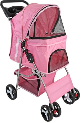 Foldable Pet Stroller with Weather Protection and Swivel Wheels 15 kg Carrying Capacity (Pink)