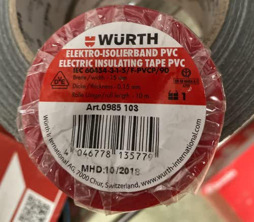 5 Nastro Isolante Rosso 15mm x 10m x 0,15mm Wurth 098551315 PVC Autoestinguente IEC RoHS Adesivo elettrico elettricista 15x10 mm/m
