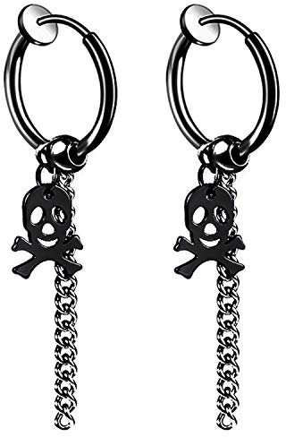 JewelryWe Schmuck Herren Damen Ohrringe Edelstahl Ohrstecker Gotik Punk Totenkopf Sch?del Kette H?ngend Huggie Creolen Ohrringe Ohr-Piercing Ohrh?nger, Schwarz