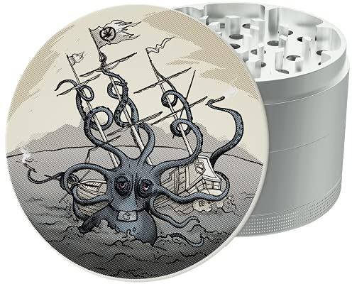 GRINDNATION Premium Grinder Crusher Art Series 'OCTOPUS' | silber | groß 63mm | Aluminium | Set inkl. Schaber, Pinsel und Bag