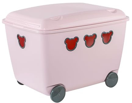 BranQ Home essential Multifunctional 55 litre Large Toy Storage Container with Wheels, BPA free Plastic Bear Toy Box for Girls, Ideal for Organising Toys and Games, 53.4 x 37 x 39.8 cm (LxWxH) - Pink