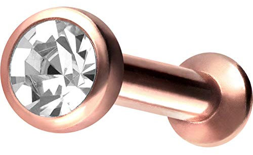 PIERCINGLINE Chirurgenstahl Labret Stecker Gewinde FLAT DISC + KRISTALL Piercing Ohr Lippe Nase Roségoldfarben 6 x 2,5 mm