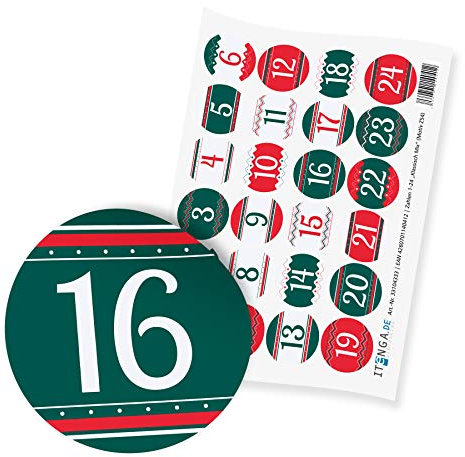 itenga 24x Adventskalenderzahlen I Sticker Aufkleber Klein I Klassisch Mix Grün Rot Weiß I 2,0 cm I ideal zum Basteln von Adventskalendern oder Geschenken I Ziffern von 1 bis 24