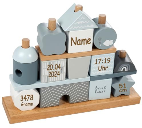 Steckspiel Haus blau personalisierbar mit Name und Geburtsdaten Baby Geschenk mit Gravur