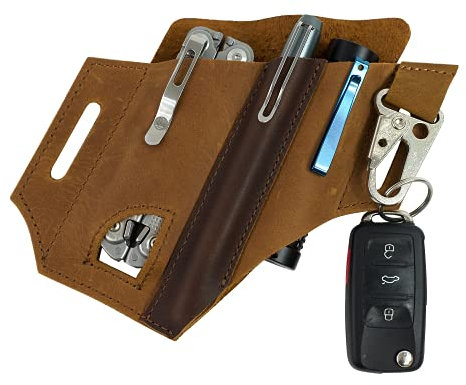 Atqana Multitool Sheath for Belt - EDC Pocket Organizer | Leatherman Holster | Leather Multitool Pouch with Pen Holder, Flashlight Sheath and Key Fob Clip | Handmade Leather EDC Organizer (Brown)