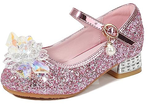Eleasica Zapato de Lentejuelas con Adorno de Cristal de tacón bajo Princesa Cenicienta para niña Zapatos de Baile Cosplay Princesa Aurora para Regalo Reina Elsa Zapatillas,Rosa,28 EU