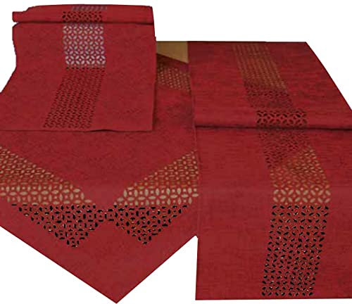 Tischdecke Mitteldecke Tischläufer Kissenhülle Leinenoptik dunkelrot meliert mit dekorativer Lochstanzung Durchbrochene Ornamente (40 x 90 cm)