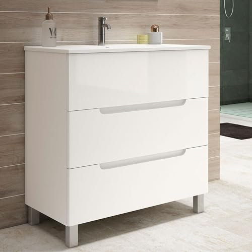 Kibath Mueble de Baño con Lavabo Victoria 100 cm 3 cajones con Patas Acabado Blanco Mate Fabricado en Madera, Grande