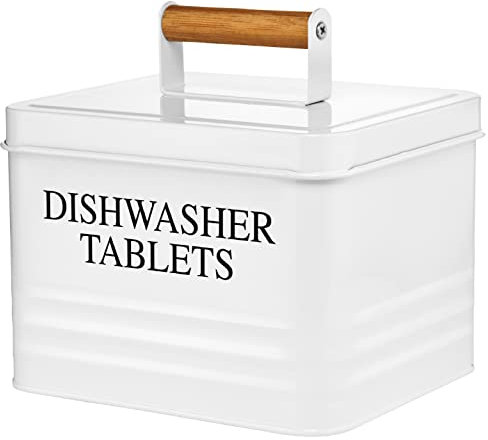 Calindiana Soporte para cápsulas de lavavajillas con Tapa para organización y Almacenamiento de Cocina, Color Blanco