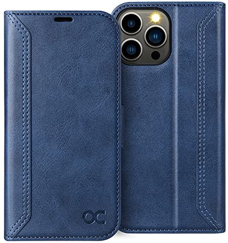 OCASE Coque iPhone 14 Pro Max Rétro, Etui Portefeuille iPhone 14 Pro Max [RFID Blocage] [Béquille] [Fentes pour Cartes] Antichoc TPU Housse Cuir PU pour iPhone 14 Pro Max 6,1 (Série Rétro, Bleu)