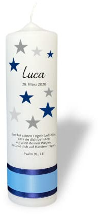Taufkerze mit Sternen in Blau Grau