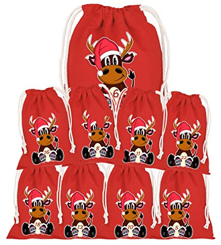 Adventskalender zum Befüllen, Rot mit Rentier, 24 Stoffbeutel, Bedruckt, Weihnachten Geschenksäckchen, DIY Adventskalender Säckchen, Selber Befüllen, Weihnachtskalender