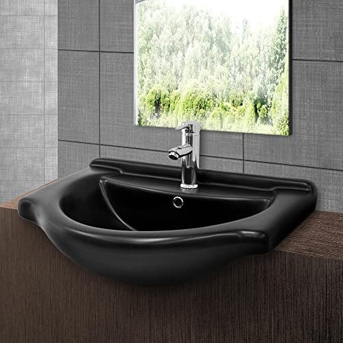 ML-Design Waschbecken Keramik Schwarz matt 67,5x51,5x21,5 cm Oval, Einbauwaschbecken mit Hahnloch, Überlauf, Aufsatzwaschbecken Einbauwaschtisch Waschschale Waschplatz Handwaschbecken, für Badezimmer
