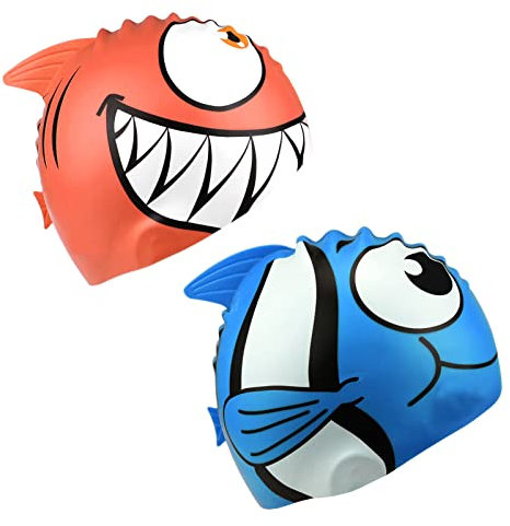 SIVENKE Set di 2 Cuffie da Bagno Cuffie da Nuoto in Silicone per Bambini per Ragazze e Ragazzi Squalo di Pesce Azzurro + arancione