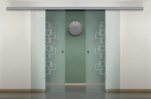Porta scorrevole doppia anta in vetro a due ante contrapposte con maniglietta inox (70+70 x 215 cm) (VETRO CON DISEGNI)